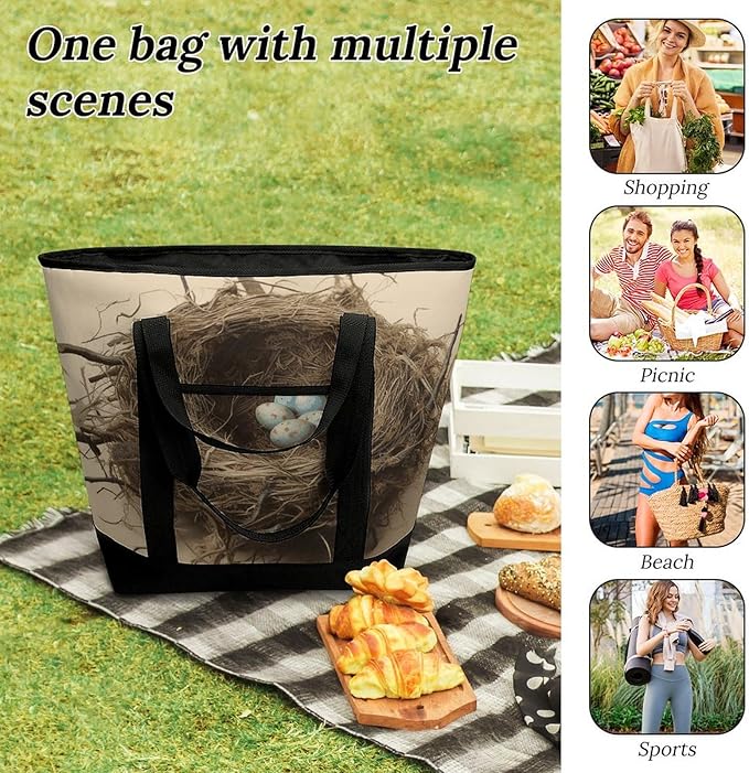 Insulated Shopping BagLarge Reusable Cooler Bags Birds Nest Printed Foldable Shopping BagTravel Waterproof Shoulder Bag