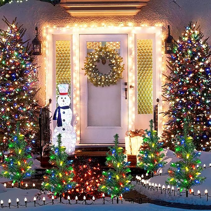 Upgraded 4-Pack Solar Christmas Garden Stake Lights Decorative Xmas Tree Solar Christmas Yard Stake Outdoor Waterproof Pathway Lights for Garden Patio Yard Decorations