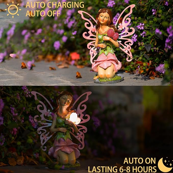 Fairy Decor Solar Outdoor Statue Accessories for Fairy Garden Gifts - Resin Figurine for Patio Yard Lawn Size 8.35 x 4.92 x 10.82 inches