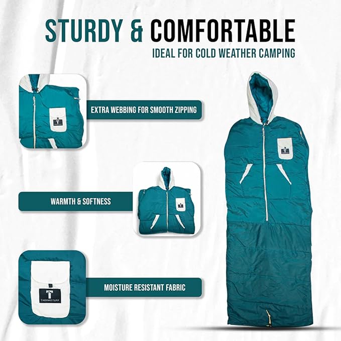 Thermotuff Wearable Sleeping Bag with Dual Hoodie Zippered Arm Holes Pockets &amp Adjustable Drawstring - Ideal for Camping Cold Weather Hiking and Stadium Sak Blanket