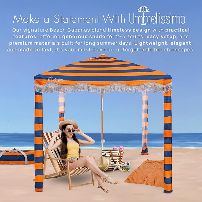 Premium Beach Cabana - Umbrellissimo Navy &amp Orange. Includes Sand Anchor Designer Canvas Prints &amp Fringe finishes Sand Pockets pegs Matching Carry Bag. Easy Set up 6.6'x6.6' of Cool UPF50+
