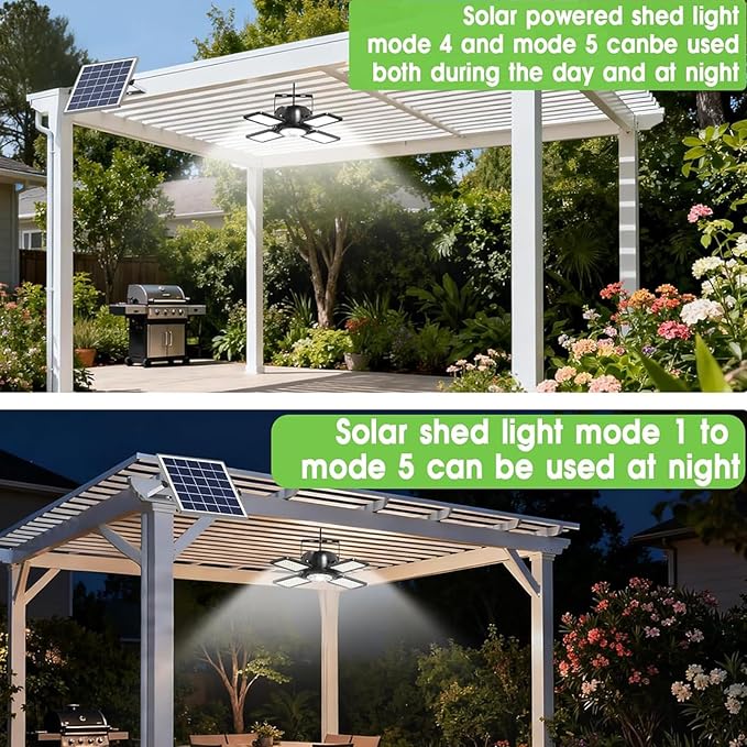 Solar Shed Light Outdoor Indoor Upgrade 1200LM 174LED 4 and 1 Heads Motion Sensor Pendant Light Solar Lights with 5 Lighting Modes Remote Control IP65 Waterproof for Barn Patio Gazebo Shop