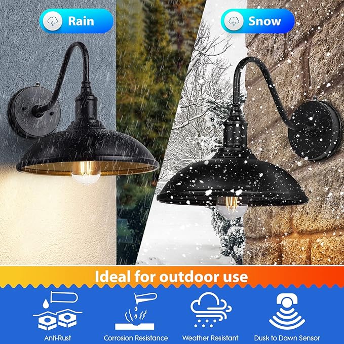 Dusk to Dawn Exterior Farmhouse Lighting Barn Light Fixture for House with Anti-ponding Bottom Outdoor Barn Light Gooseneck Lighting for Garage Patio Porch (10.9 Diameter 1 PC)