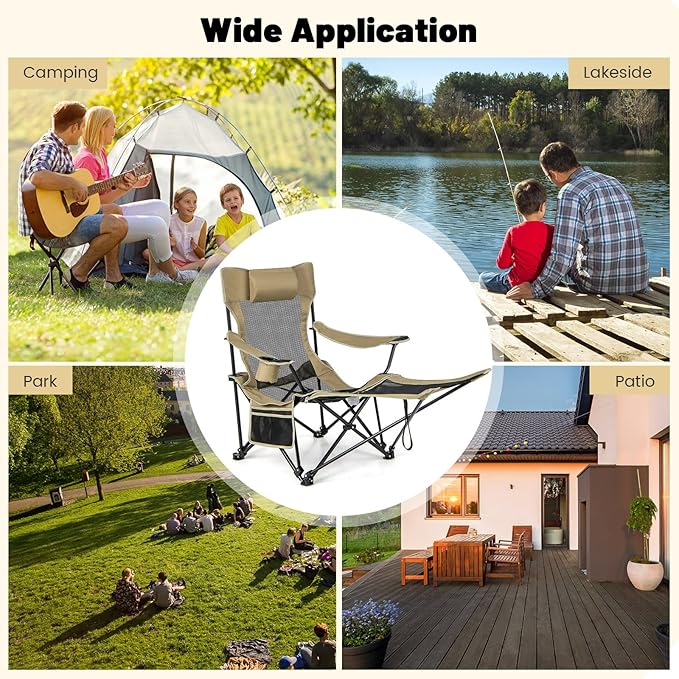 GYMAX Camping Chair Adjustable Reclining Lounge Chair w/Removable Footrest Padded Pillow Cup Holder &amp Side Pocket Folding Camping Mesh Chair w/Carry Bag for Outdoor Patio Lakeside (2 Khaki)
