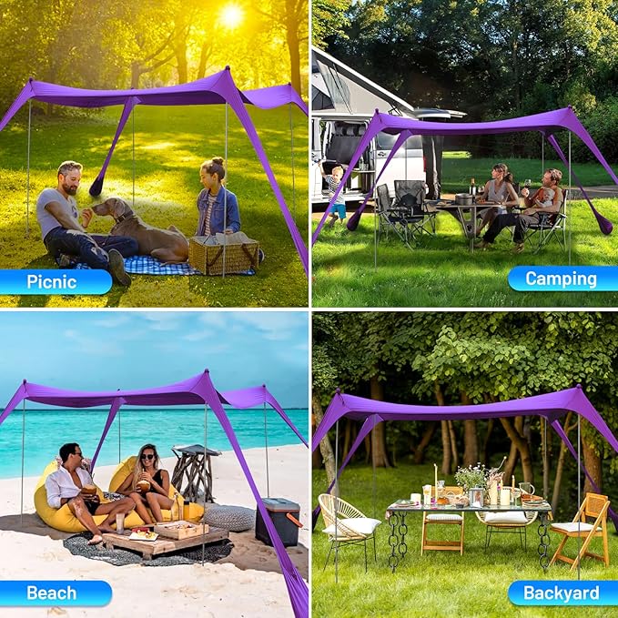 BOTINDO Family Beach Tent Canopy Sun Shade Pop Up Grande Beach Tent Sun Shelter Stability 4 Poles with Portable Carry Bag Outdoor Shade for Fishing Backyard Camping (Purple 10x10FT 4Pole)