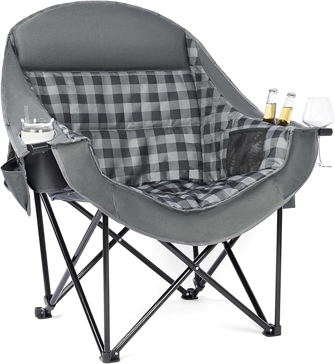 Oversized Camping Chairs for Adults - Heavy Duty Padded Outdoor Folding Lawn XL Camp Chair with Cup Holder Cooler Pockets for Outside Sports Beach Fishing Garden Portable Supports 500lbs Grey