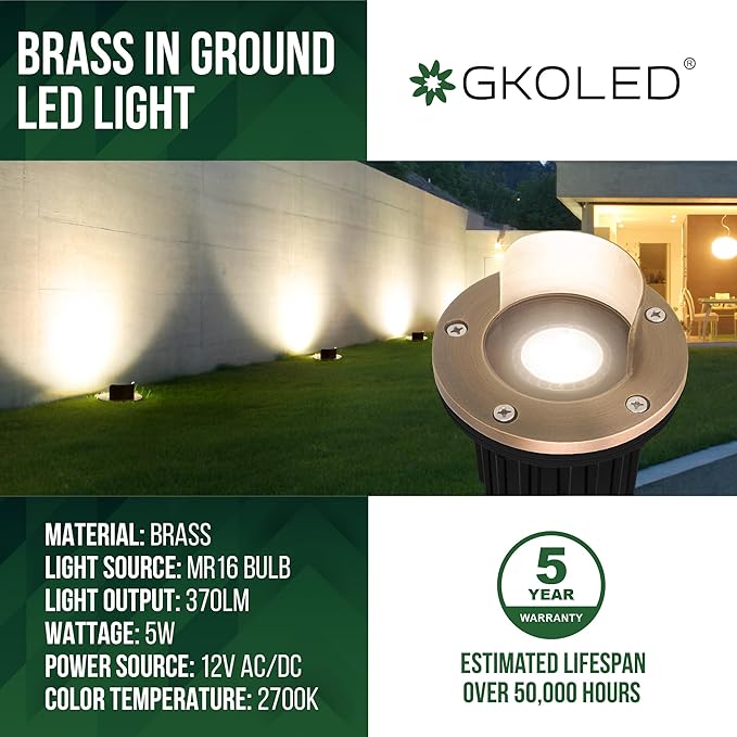 GKOLED LED Brass Well Lights 12V IP67 Waterproof Outdoor In Ground Light with MR16 Bulb and Swival Base Low Voltage Landscape Lighting 5W 370LM 2700K Up Light for Garden Tree Bushe Shielded Top