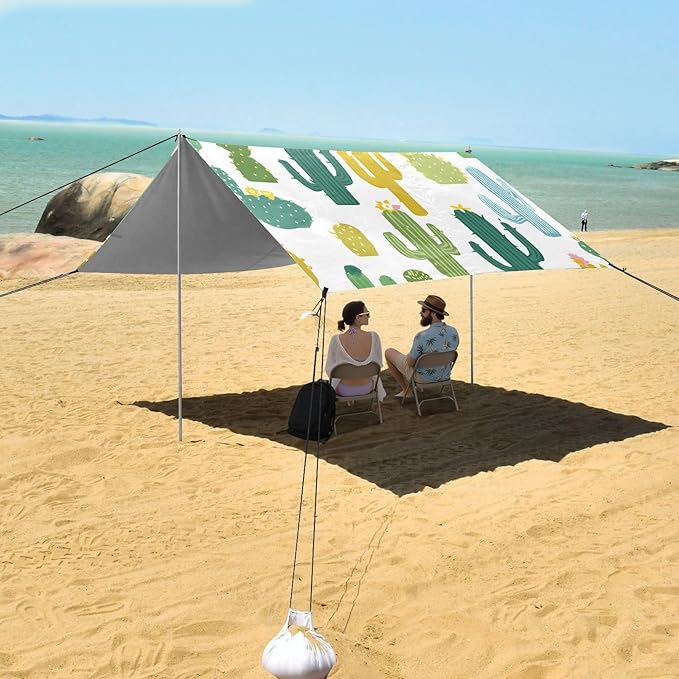 Bolaz Beach Canopy Tent Sun Shade9'×10.5' Large Family Beach Shade UPF50+- Outdoor Shade for Camping Trips FishingSimple Cactus Pattern