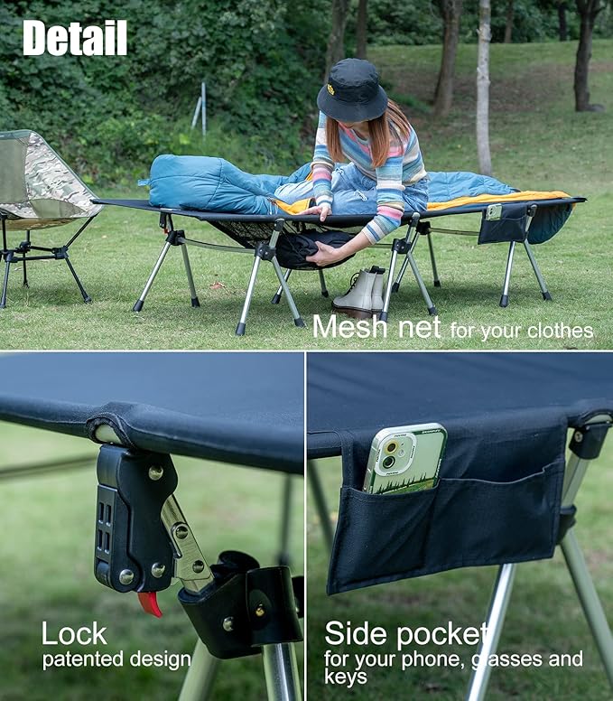 iClimb Super Easy Assemble Folding Cot Ultralight Compact Heavy Duty with Carry Bag for Adults Camping Backpacking (Black Two Heights)