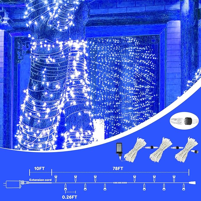 88FT 240LED Extra-Long Connectable String Lights Indoor Outdoor Clear Wire Blue Christmas String Lights Plug in Twinkle Fairy Light with Timer for Wedding Patio Tree Yard Christmas Decorations
