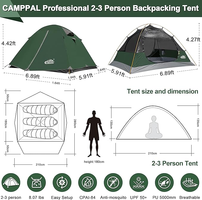 2-3 Person Backpacking Tent with Double Door 2 Vestibule Waterproof Windproof Lightweight Easy Set Up 3 Season 2 Man Two Person Tent for Camping Hiking Motorcycle Mountaineering with UPF 50+