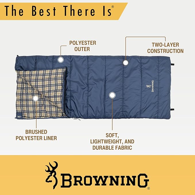 Browning Voyager 20° Rectangular Sleeping Bag – Cold Weather Camping Sleeping Bag with TechLoft Silver Insulation Water-Resistant Shell &amp Stuff Sack for Camping RV &amp Outdoor Travel