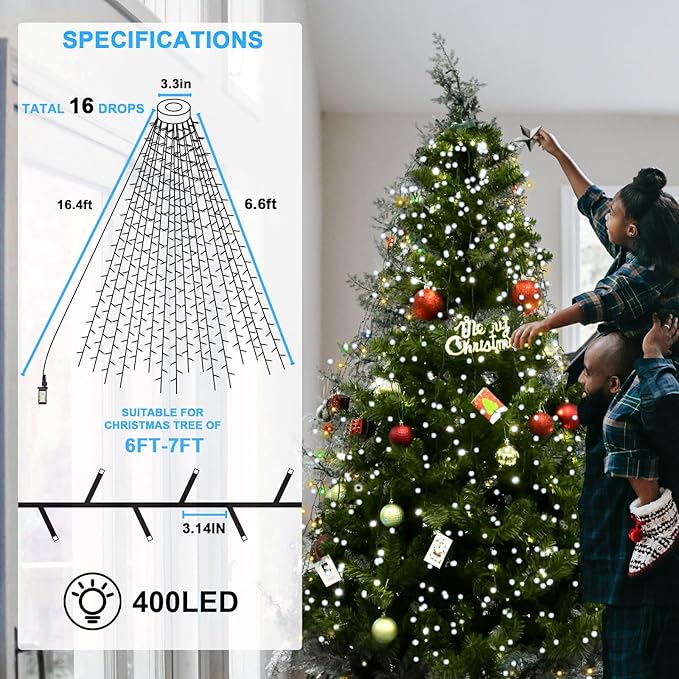BOLWEO Christmas Tree Lights 400LED 16 Lines Christmas Lights for Tree 8 Modes for 6ft-7ft Tree UL Certified Indoor Outdoor Christmas Decorations 16 * 6.6ft Drops Cool White