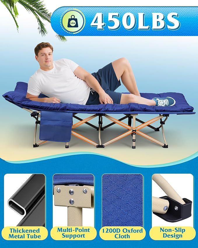 WLIVE 1200D Double Layer Oxford Camping Cots for Adults Portable Camping Cot Bed with Mattress for Sleeping Outdoor Folding Bed with Carry Bag for Resting Camping Dark Blue