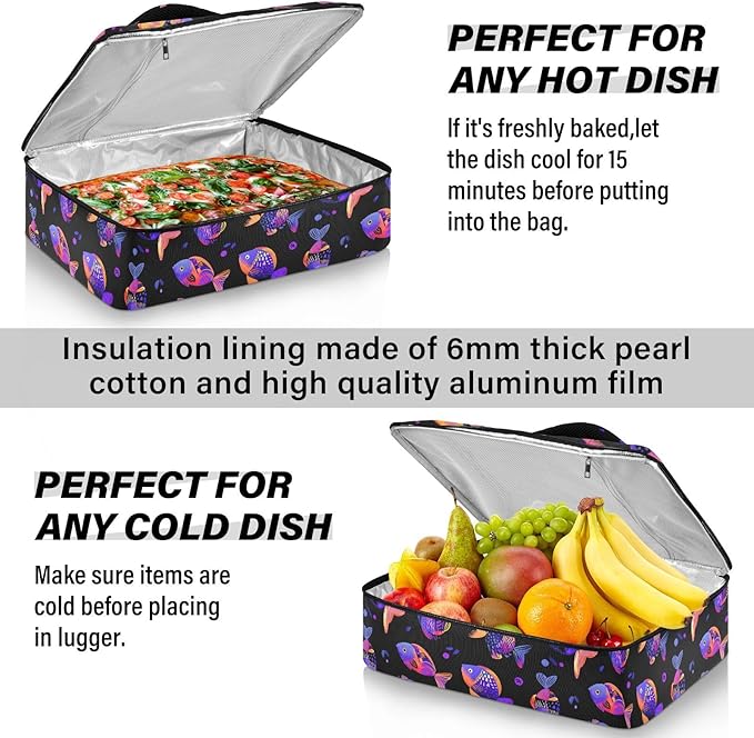 Casserole Carrier Colorful Cute FishInsulated Casserole Carrier for Hot or Cold Food Thermal Lunch Tote for Potluck Parties Picnic Beach Fits 9 x 13 Inches Baking Dish