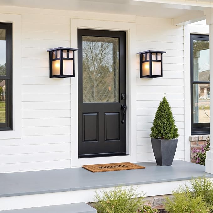 2-Pack Small Outdoor Wall Lights Rustic Black Metal Sconce with Clear Glass Shade 7.6”H Compact Exterior Light for Porch Entryway Garage - Hardwired Damp Rated ETL Certified (Bulb Not Included)