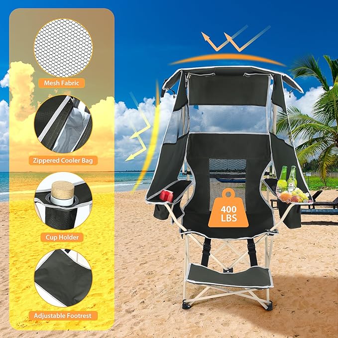 Camping Chairs with Shade Sports Chair with Canopy Folding Camping Chair with Cooler and Cup Holder Foldable and Lightweight for Camping Sports Events &amp Patio (2-Pack with Footrest)