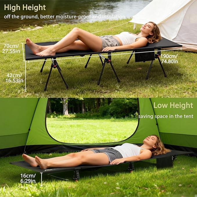 Anbte 3ft Folding Camping Table with Storage Net and Bag 2 Adjustable Heights Aluminum Roll Up Camping Table &amp Ultralight Camping Bed Height Adjustable Support 180KG Portable Cots