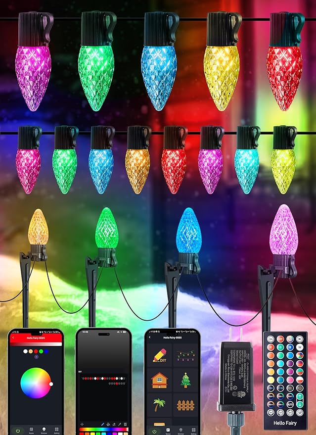 Brightown Smart C9 LED Christmas Lights Outdoor House 50Ft 75 LED RGB Christmas Pathway Lights with 58 Preset Modes App or Remote Control Music Sync Memory and Timer Function for Indoor/Outside