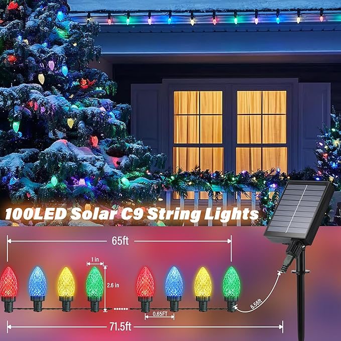 iBaycon Solar C9 Christmas Lights Outdoor 65FT 100LED C9 Strawberry String Light 8 Modes Solar Powered Lights String for Xmas Tree House Eaves Roof Christmas Holiday Decorations