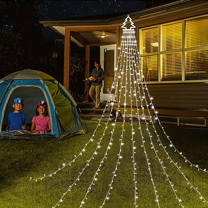 PUHONG Christmas Decoration Outdoor Christmas Tree Lights 320 LED 16.4Ft Outdoor Fairy Topper Lights[8 Modes &amp Waterproof] with 11 Lighted Xmas Tree for Halloween Xmas New Year Holiday(White)