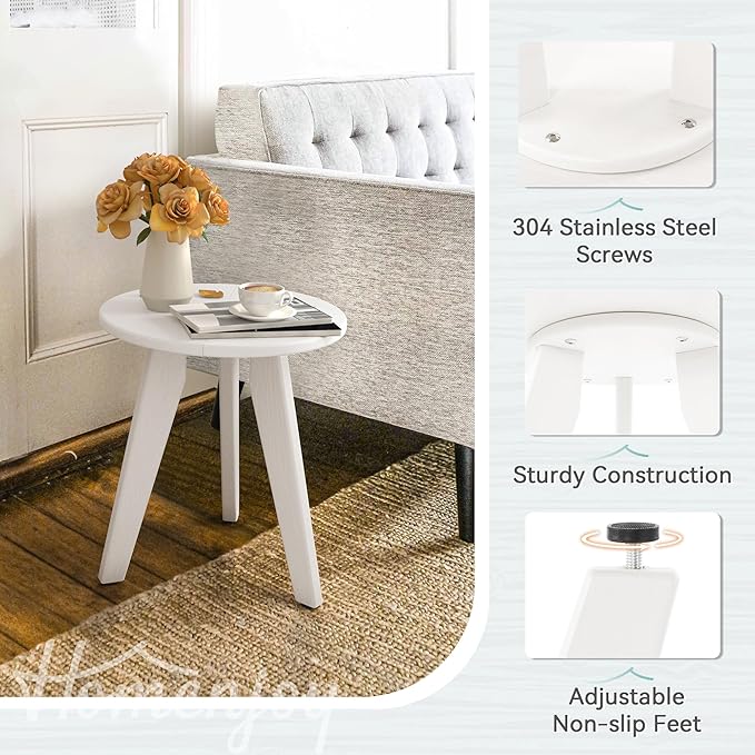 HDPE White Round Outdoor Table Weather-Resistant 15.8x15.8x16.7 inches 150lbs Load Capacity Modern Design End Table for Patio Porch Deck Living Room Bedroom Plant Stand