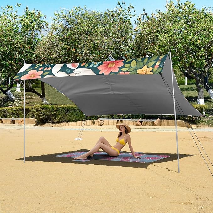 Cute White Rabbits Floral Camping Sun Shelter Beach Tent Portable Beach Sun Shade Outdoor Canopy for Camping Trips Fishing Picnic