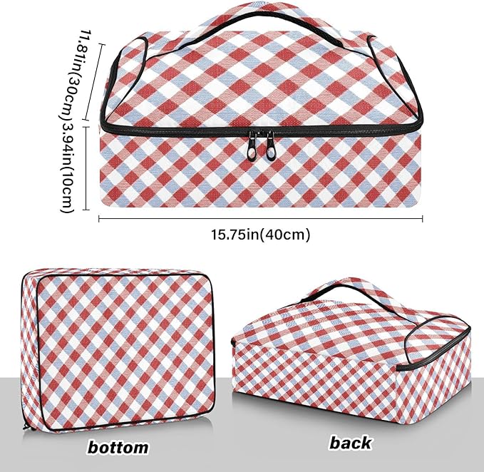 Casserole Carrier Red and Blue SquaresInsulated Casserole Carrier for Hot or Cold Food Thermal Lunch Tote for Potluck Parties Picnic Beach Fits 9 x 13 Inches Baking Dish