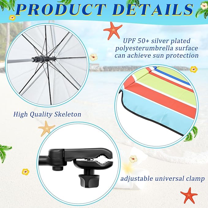 Buryeah 2 Pcs Automatic Chair Umbrella with Universal Clamp 44 UPF 50+ Portable Clamp on Beach Chair Adjustable Wheelchair Umbrella for Outdoor Patio Parasol