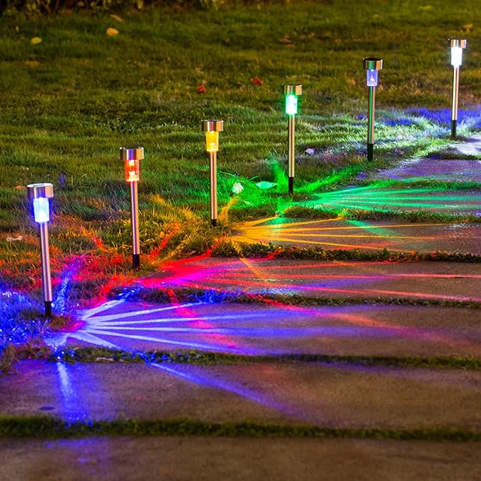 Solar Lights Outdoor - Garden Landscape Pathway Lights for Lawn Patio - Stainless Steel 12 Pack (6 Colors)