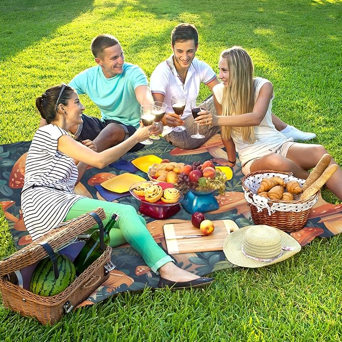 Waterproof Sandproof Beach Blanket 59''×68'' Vegetables Polyester Outdoor Picnic Blanket with 4 Stakes &amp Storage Bag for BeachCampingVacation Umbrella Mushrooms