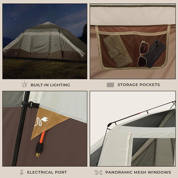 CORE Instant Cabin Tent with LED Lights | Large Family Lighted Pop Up Tent with Carry Bag for Camping Glamping and Backyard Adventures | Included Storage Pockets for Camp Accessories