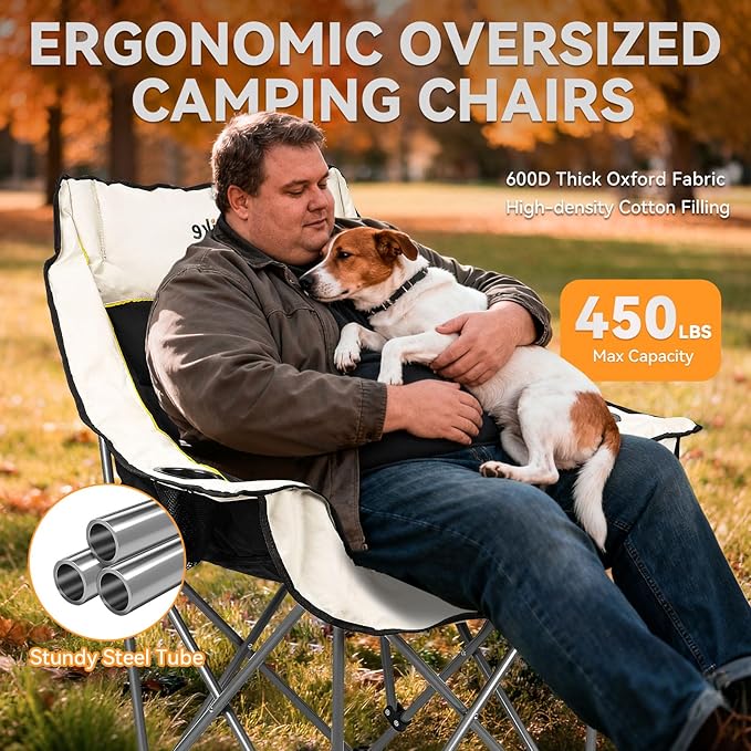 Heated Oversized Camping Chair for Adults Portable Folding Padded Chair with 3 Heat Levels Cup Holder Side Pocket and Carry Bag for Camping Outdoor Sports Picnic Black 2 Pack Set Supports up to 450lbs