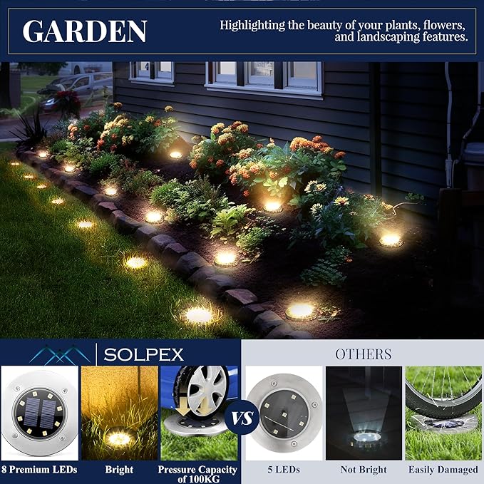 SOLPEX Solar Ground Lights 12 Pack Solar Lights Outdoor Waterproof 8 LED Solar Powered Landscape Lighting for Garden Yard Patio Driveway Pathway Walkway (Warm White)