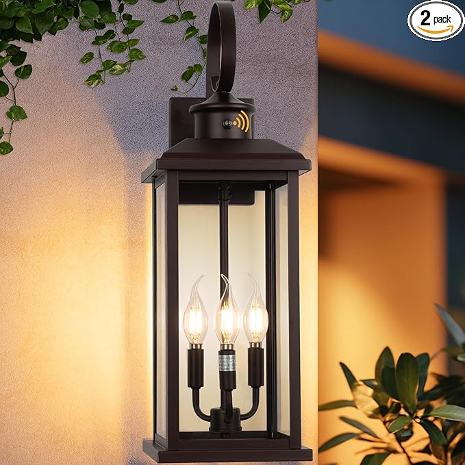 24 Dusk to Dawn Outdoor Wall Sconce: Bronze Large Porch Light 3-Light Waterproof Modern Exterior Lighting Fixture Wall Mounted Outside Lamp for House Garage E12