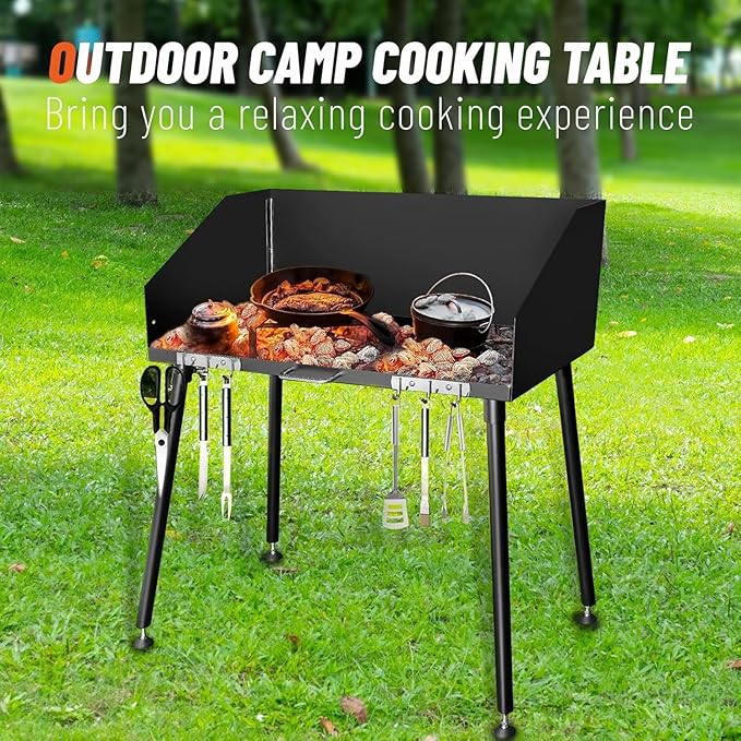 30-Inch Camping Cooking Table Carbon Steel w/Foldable Windscreen &amp Legs for Dutch Oven Cooking &amp Food Prep with Charcoal Briquettes (30-Inch)