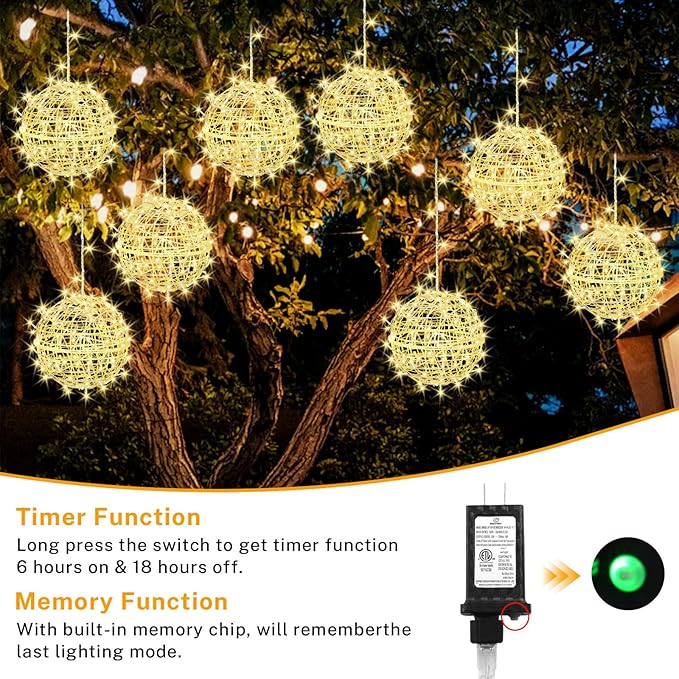 Outdoor Christmas Balls Lights 4 Pack Hanging 7.9 LED Garden Sphere Tree Lights 8 Modes Waterproof Glow Globe Lights with Memory Timer Plug for Party Yard Porch Eave Patio Xmas Decorations-Warm White