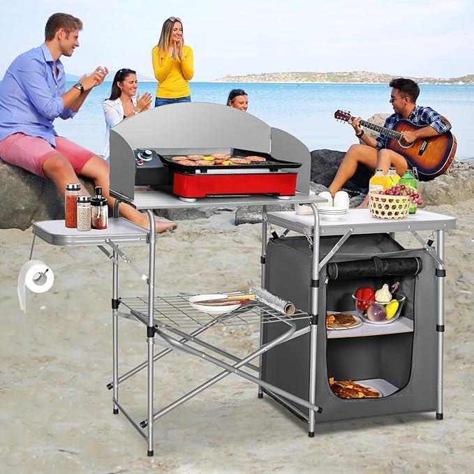 GYMAX Aluminum Portable Camping Kitchen Folding Cooking Table with 26 Tabletop Detachable Windscreen &amp Carrying Bag Outdoor Grill Table for BBQ Backyards