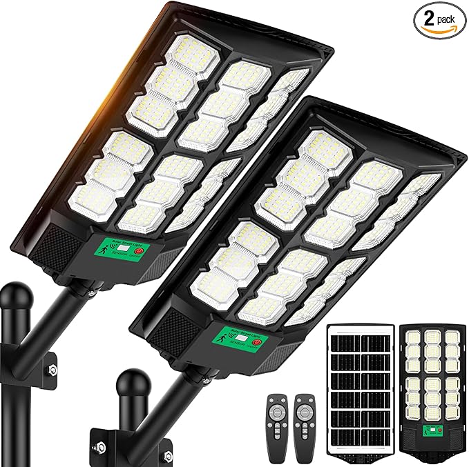 17 Solar Street Lights Outdoor Waterproof 36000LM 6500K Dusk to Dawn Solar Flood Light Motion Sensor Solar-Powered Light with Remote Control Commercial Area Lighting for Outside Parking Lot 2-Pack