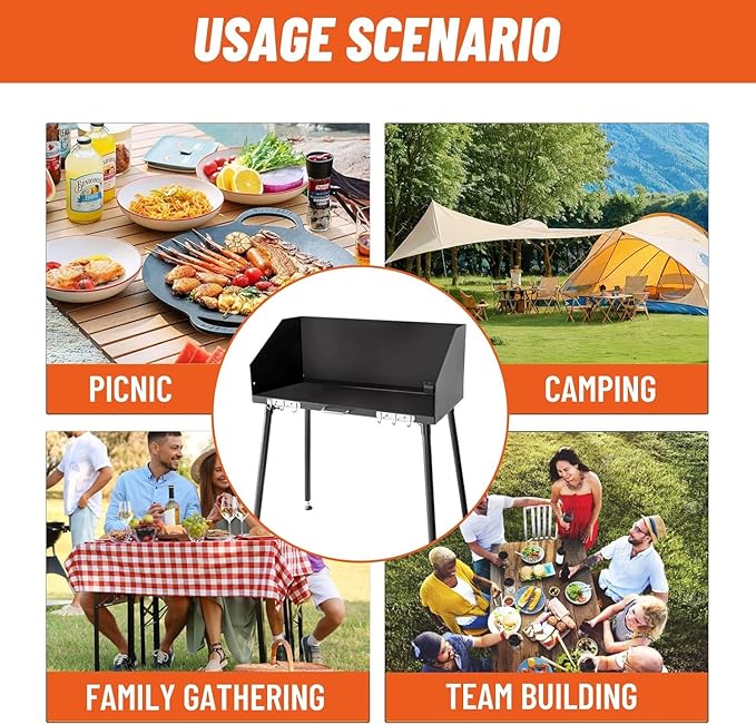 30-Inch Camping Cooking Table Carbon Steel w/Foldable Windscreen &amp Legs for Dutch Oven Cooking &amp Food Prep with Charcoal Briquettes (30-Inch)