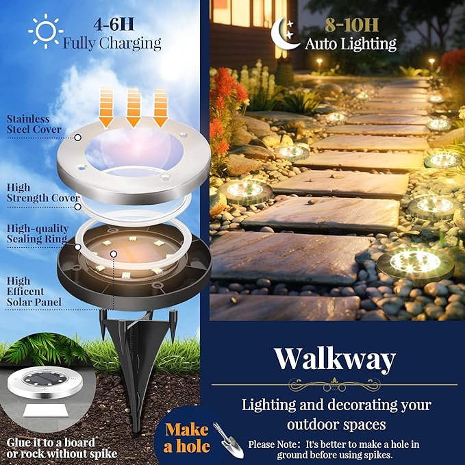 SOLPEX Solar Ground Lights 12 Pack Solar Lights Outdoor Waterproof 8 LED Solar Powered Landscape Lighting for Garden Yard Patio Driveway Pathway Walkway (Warm White)