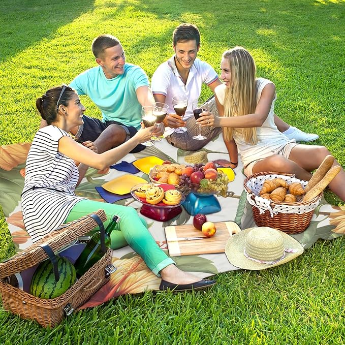 Waterproof Sandproof Beach Blanket 59''×68'' Plant-Hummingbird Polyester Outdoor Picnic Blanket with 4 Stakes &amp Storage Bag for BeachCampingVacation Cyan