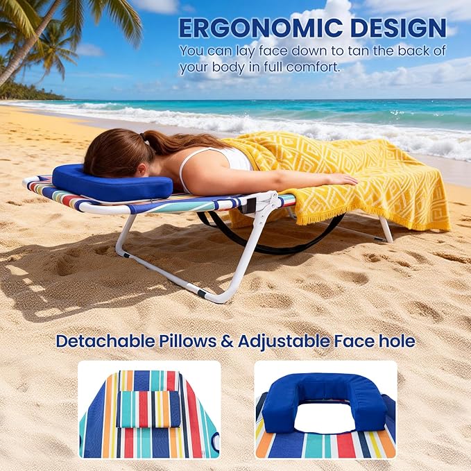 LILYPELLE Portable Folding Camping Cot Adjustable 5-Position Face Down Folding Chaise Lounge Chairs Outdoor Portable Folding Bed Sleeping Cot for Camping Pool Beach Patio
