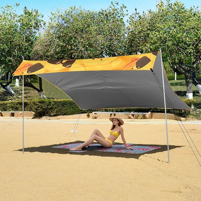 ALAZA Happy Yellow Duck W/Sunglasses Beach Tent Sun Shelter UPF50+ Protection Beach Shade Canopy w/ 4 Sandbags for Outdoor Camping Fishing Backyard Fun Picnic 10x9 ft