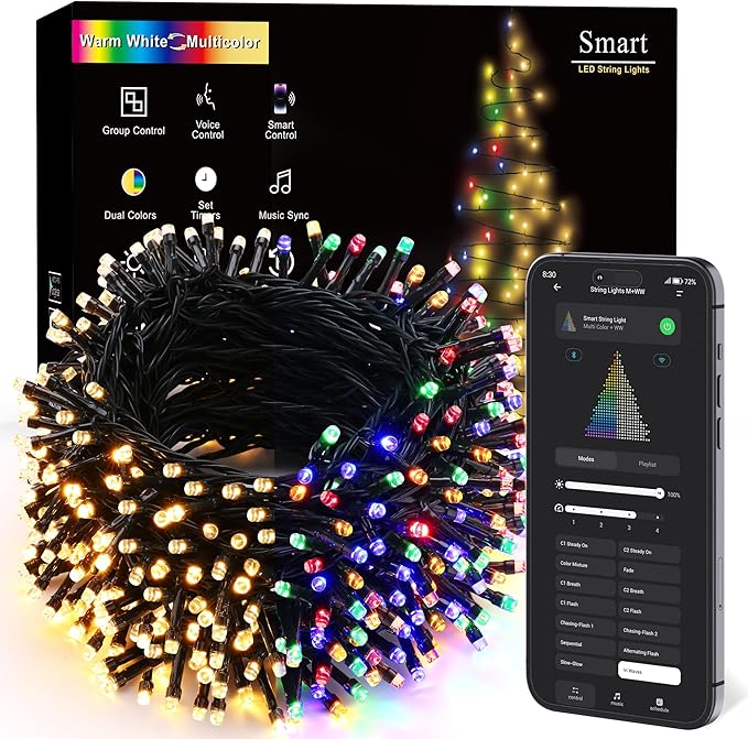 Brizled Smart Christmas Lights 98.4FT 300 LED Color Changing Christmas Lights with APP/Voice Control Warm White &amp Multicolor Fairy String Light Music Sync Xmas Tree Light for Indoor Outdoor Deco