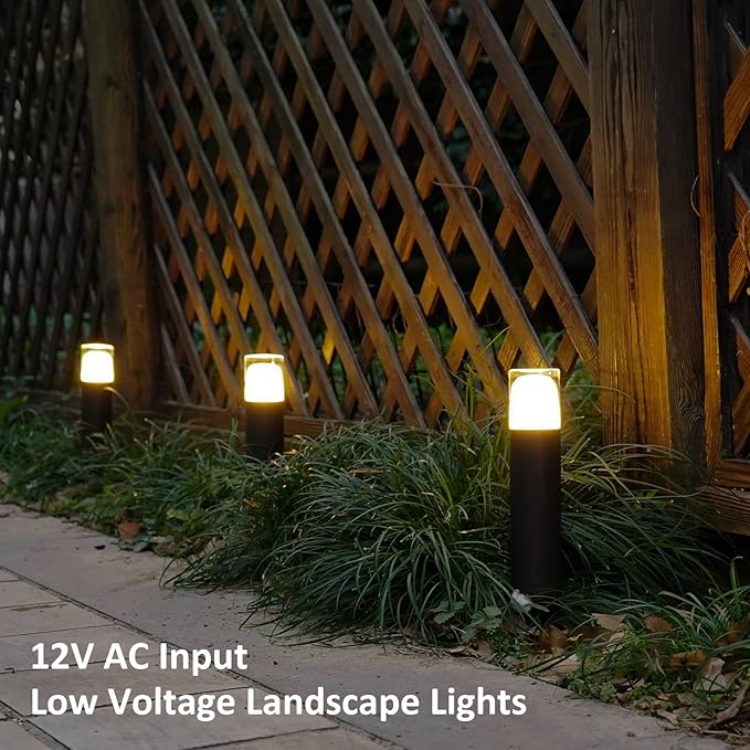 GOODSMANN 8PK Bollard Landscape Lighting Kits 2W LED Low Voltage Pathway Lights 100 Lumen 2700K Warm White Outdoor Hardwired Walkway Lights Brown Finish Path Lights with Connectors Metal Stakes