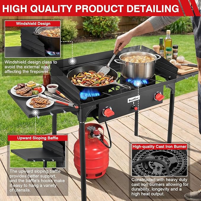 Bestfire 2 Burner Camping Stove with Windscreen&amp Side Shelves Bag Auto Ignition ButtonRegulator150000 BTU High Pressure Camping Stove Propane Burner With Removable Legs for Outdoor BBQ&ampBa
