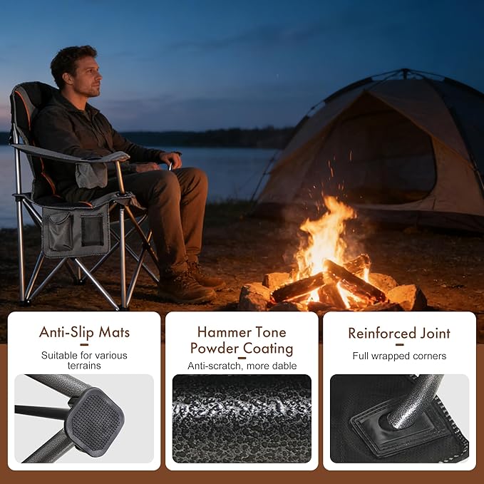 Oversized Camping Chair Heavy Duty Steel Frame 450 LBS Capacity Collapsible Padded Arm Chair with Cup Holder Lumbar Support Portable for Outdoor Garden Beach Home (2 Gray)