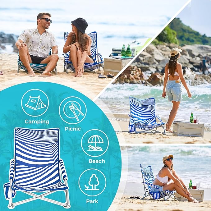 #WEJOY Beach Chair with Backpack Straps Backpack Beach Chairs Heavy Duty High Back Lightweight Low Chair for Sand Lawn Support to 300lbs Blue