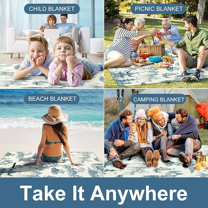 Blue and White Chinese Folk Chinoiserie Style Waterproof Outdoor Picnic Blanket Sandproof Beach Mat for Camping Hiking Grass Travelling